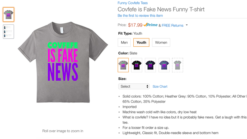 Illustration for article titled Be the Saddest Guy in the Office With Amazon's Embarrassing 'Covfefe' Swag